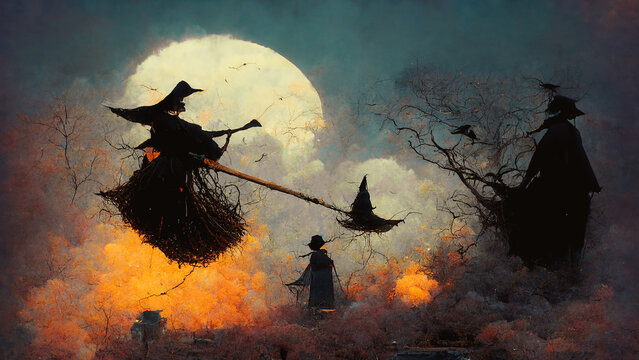 Halloween greeting card with witches flying on a broom, mysterious trees, dark and scary full moon night in autumn, illustration
