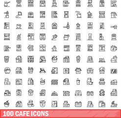 100 cafe icons set. Outline illustration of 100 cafe icons vector set isolated on white background