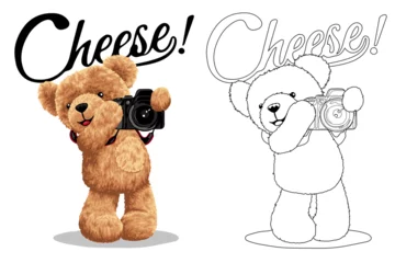 Fotobehang Hand drawn vector illustration of teddy bear holding camera. Coloring book or page © Bhonard21