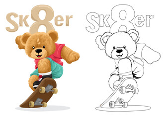 Fototapeta na wymiar Hand drawn vector illustration of teddy bear on skateboard. Coloring book or page