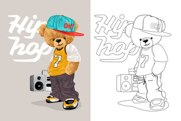 Hand drawn vector illustration of teddy bear in hip hop style with tape recorder