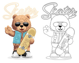 Hand drawn vector illustration of teddy bear wearing sunglasses and vest with skateboard
