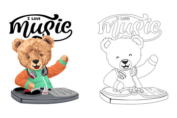 Fototapeta na wymiar Hand drawn vector illustration of disc jockey teddy bear. Coloring book or page