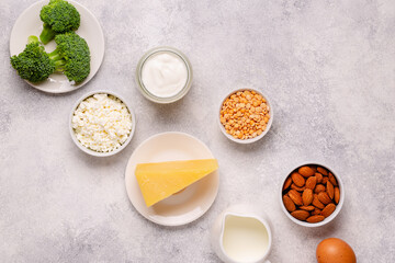 Products rich in calcium on dark background.