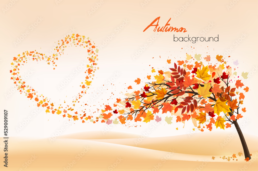 Aufkleber Autumn abstract background with  heart shaped colorful leaves and autumn tree. Vector.