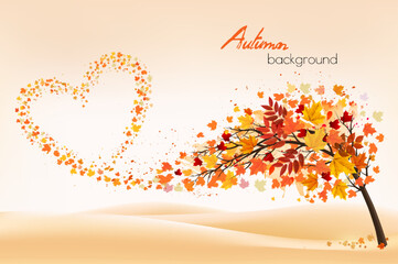 Autumn abstract background with  heart shaped colorful leaves and autumn tree. Vector.