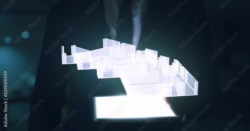 Poster technology, innovation and architecture, 3d design with man and tablet. planning, project management