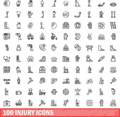 100 injury icons set. Outline illustration of 100 injury icons vector set isolated on white background