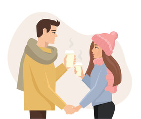 Colorful vector illustration in flat style. The man holds the woman's hand in his hand. Romantic date for a couple. A couple is drinking coffee on a walk.