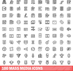 Fototapeta na wymiar 100 mass media icons set. Outline illustration of 100 mass media icons vector set isolated on white background