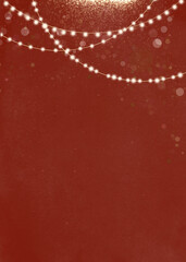 Winter holiday red background  illustration. Christmas card template with snow and garland of glowing light bulbs
