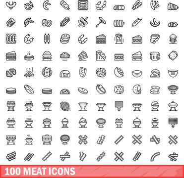 100 meat icons set. Outline illustration of 100 meat icons vector set isolated on white background