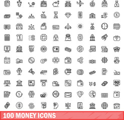 100 money icons set. Outline illustration of 100 money icons vector set isolated on white background