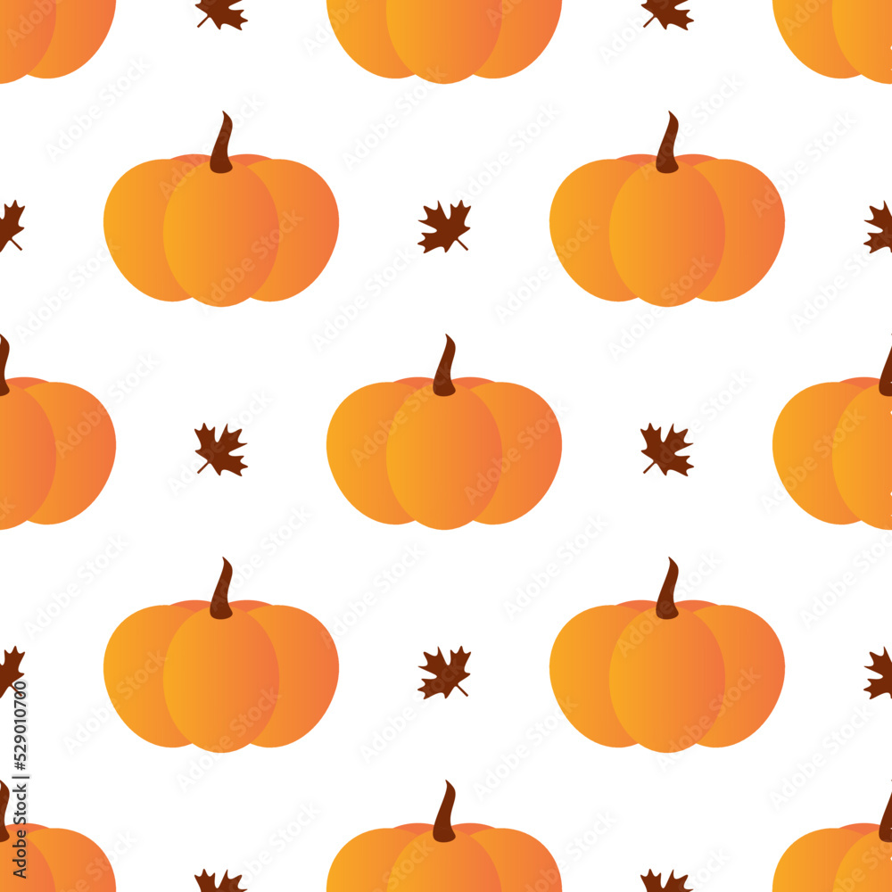 Wall mural vector seamless pattern background with orange pumpkins and maple leaves for autumn, fall, harvest, 