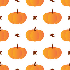Vector seamless pattern background with orange pumpkins and maple leaves for autumn, fall, harvest, thanksgiving design.
