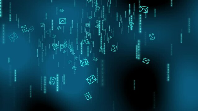 Network email data travels in cyberspace on blue background