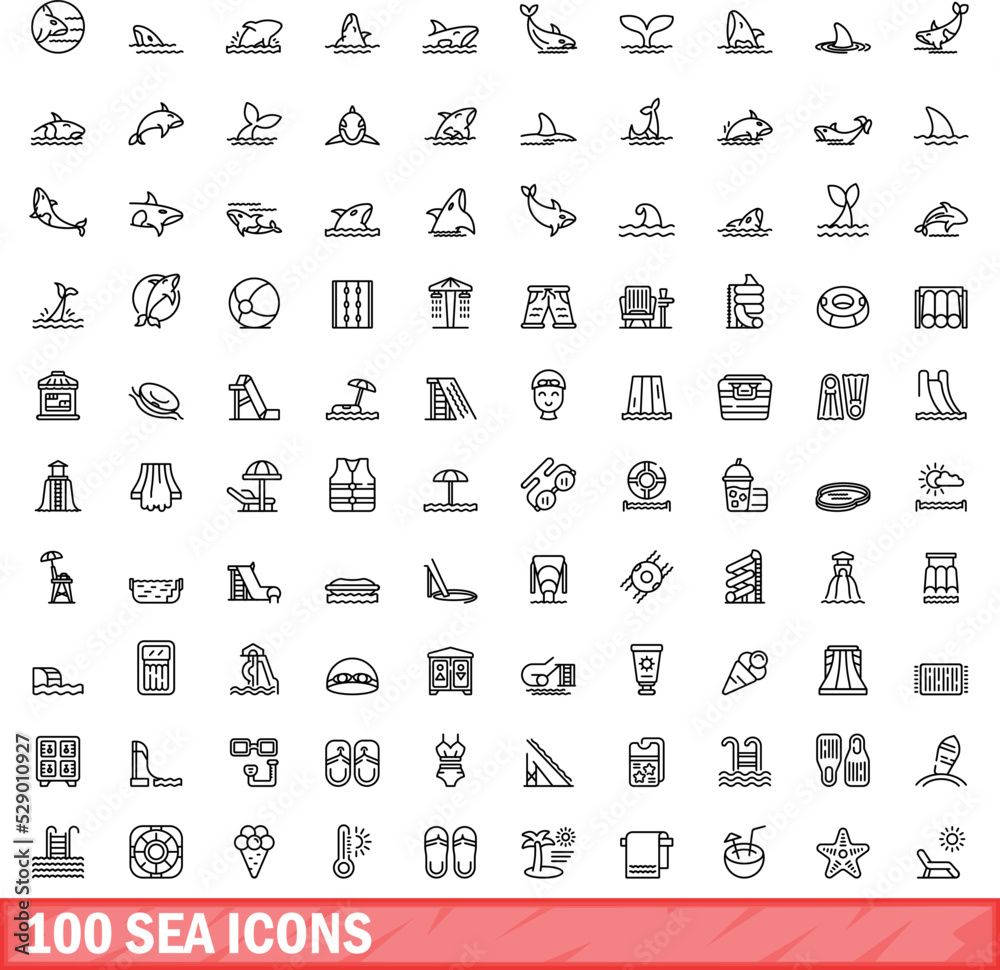 Wall mural 100 sea icons set. Outline illustration of 100 sea icons vector set isolated on white background - Wall murals