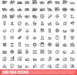 Foto op Canvas 100 sea icons set. Outline illustration of 100 sea icons vector set isolated on white background © ylivdesign
