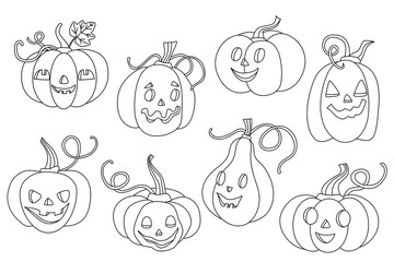 Jack o lantern or Halloween pumpkins set. Different emotions. Hand drawn doodle vector illustration. Great for coloring, creating greeting cards.