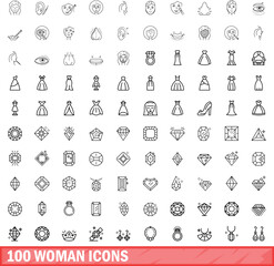 100 woman icons set. Outline illustration of 100 woman icons vector set isolated on white background