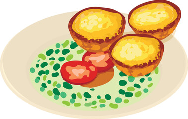Traditional cuisine icon isometric vector. Small cream cakes, caldo verde soup. Portuguese pastry pastel de nata, national dish
