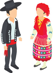 Traditional costume icon isometric vector. Portuguese couple in national dress. Traditional clothing, history, culture