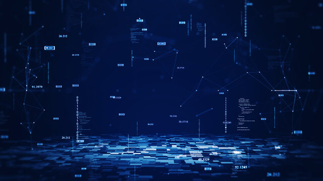 Cybersecurity digital information technology concept. Polygon binary code connected on dark blue background.