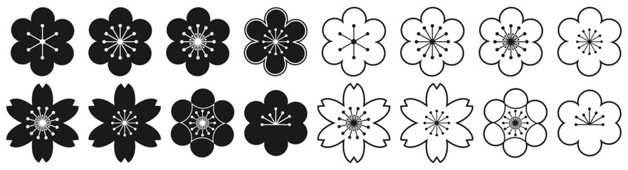 Blossoms icons set. Flat and line art style. Vector illustration