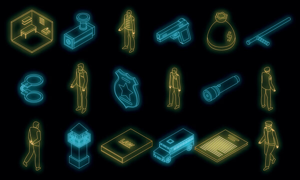 Prison icons set. Isometric set of prison vector icons neon color on black