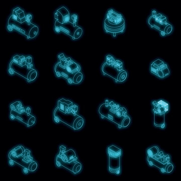Air compressor icons set. Isometric set of air compressor vector icons neon color on black © ylivdesign