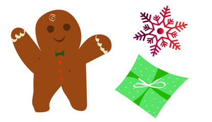 PNG. Christmas Gingerbread cookies. Classic Xmas biscuit. Cute ginger bread men, snowflakes and gift box on isolated transparent background.