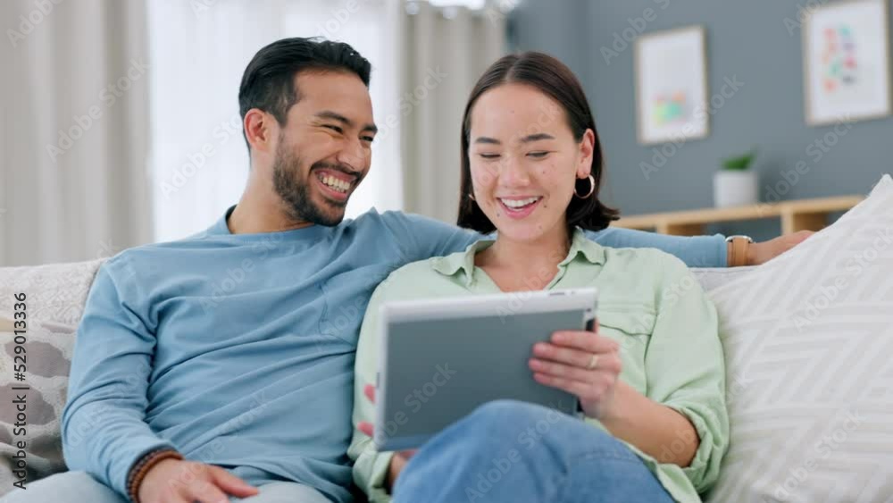 Canvas Prints Relax, tablet and ecommerce couple on sofa with decision and options for purchase in living room. Family home and shopping online together with digital device choice in a romantic relationship.