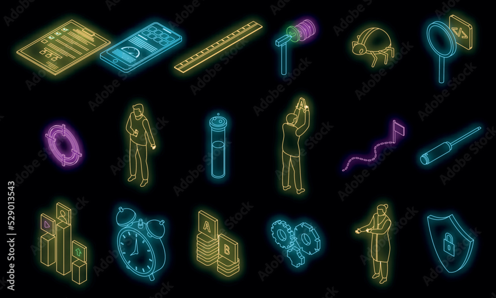 Poster testing software icons set. isometric set of testing software vector icons neon color on black