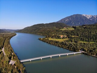 Austria Drau River reservoir. Austria drone view.