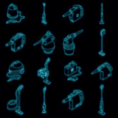 Steam cleaner icons set. Isometric set of steam cleaner vector icons neon color on black