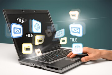 FTP files receiver and computer backup copy. File sharing isometric. Exchange information and data with internet cloud technology.Digital system for transferring documents