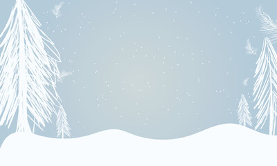 Winter bright background. Christmas landscape with snowdrifts and pine branches in the frost.