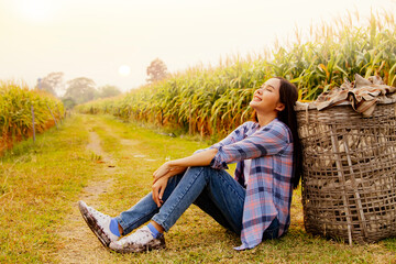Naklejka na ściany i meble Asian female tourists sit back and relax enjoy life in the large corn fields in the cool summer sun : Conservation tourism concept