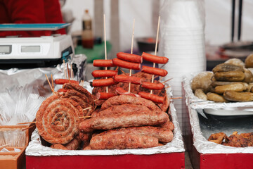 Variety of sausage products at the counter