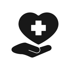 Life insurance silhouette icon, Cardiogram in hand flat vector illustration.