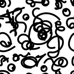 Scribble black hand drawn curve lines isolated on white background seamless pattern vector illustration Modern trendy simple childish design 