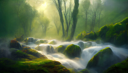 Dreamy forest landscape with a small creek and sunlight shining through the trees - obrazy, fototapety, plakaty