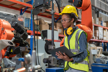 Young African American female engineer with tablet operating welding robot arm machine in warehouse...