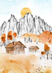 Dolomites Mountains, Italy, Europe. Watercolor autumn vector rural landscape in golden colors. Hand draw illustration with trees, meadow, mounains, houses and textures. Size A4