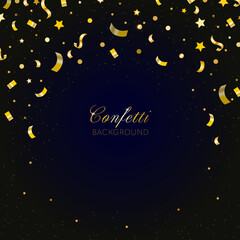 Naklejka premium Gold confetti. Celebration carnival falling shiny glitter confetti in gold color. Luxury greeting card. Vector illustration.