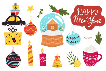 Set of Christmas and New Year elements with car with gifts, balls calendar, glass ball, bow, lettering Happy New Year, candles, bell. Vector illustration.