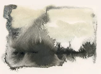 Schilderijen op glas Modern art Abstract watercolor, ink and acrylic flow blot smear brushstroke painting. Black, beige grunge landscape color canvas monotype texture horizontal background. © Liliia