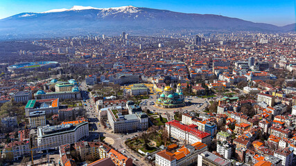 Aerial view of Sofia panoramic skyline in Bulgaria. Drone point of view of cityscape panorama ft...
