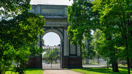 Gatchina or Orlov gates, triumphal gates, Catherine Park, Tsarskoye Selo, Russia. Inscription on...