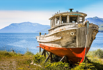 Abandoned trawler on the coast of the inside passage in Alaska